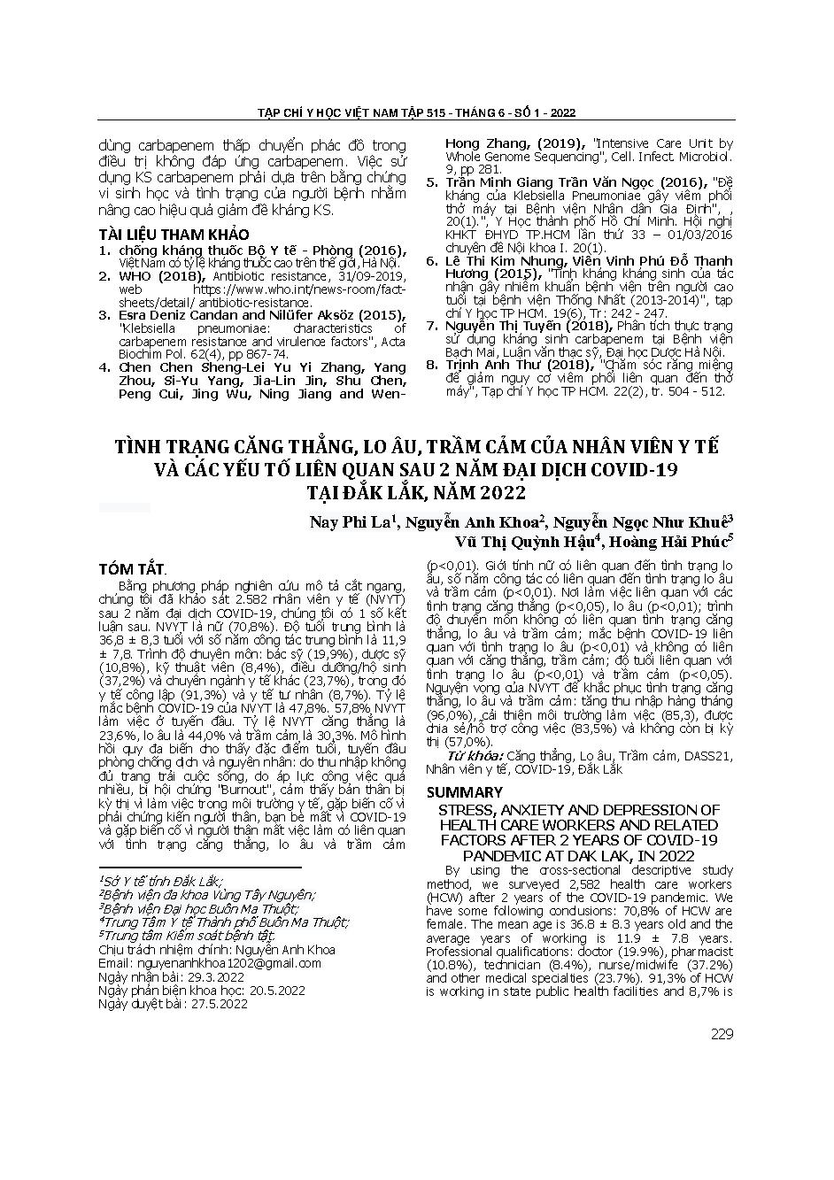 Tình trạng căng thẳng, lo âu, trầm cảm của nhân viên y tế và các yếu tố liên quan sau 2 năm đại dịch COVID-19 tại Đắk Lắk, năm 2022
