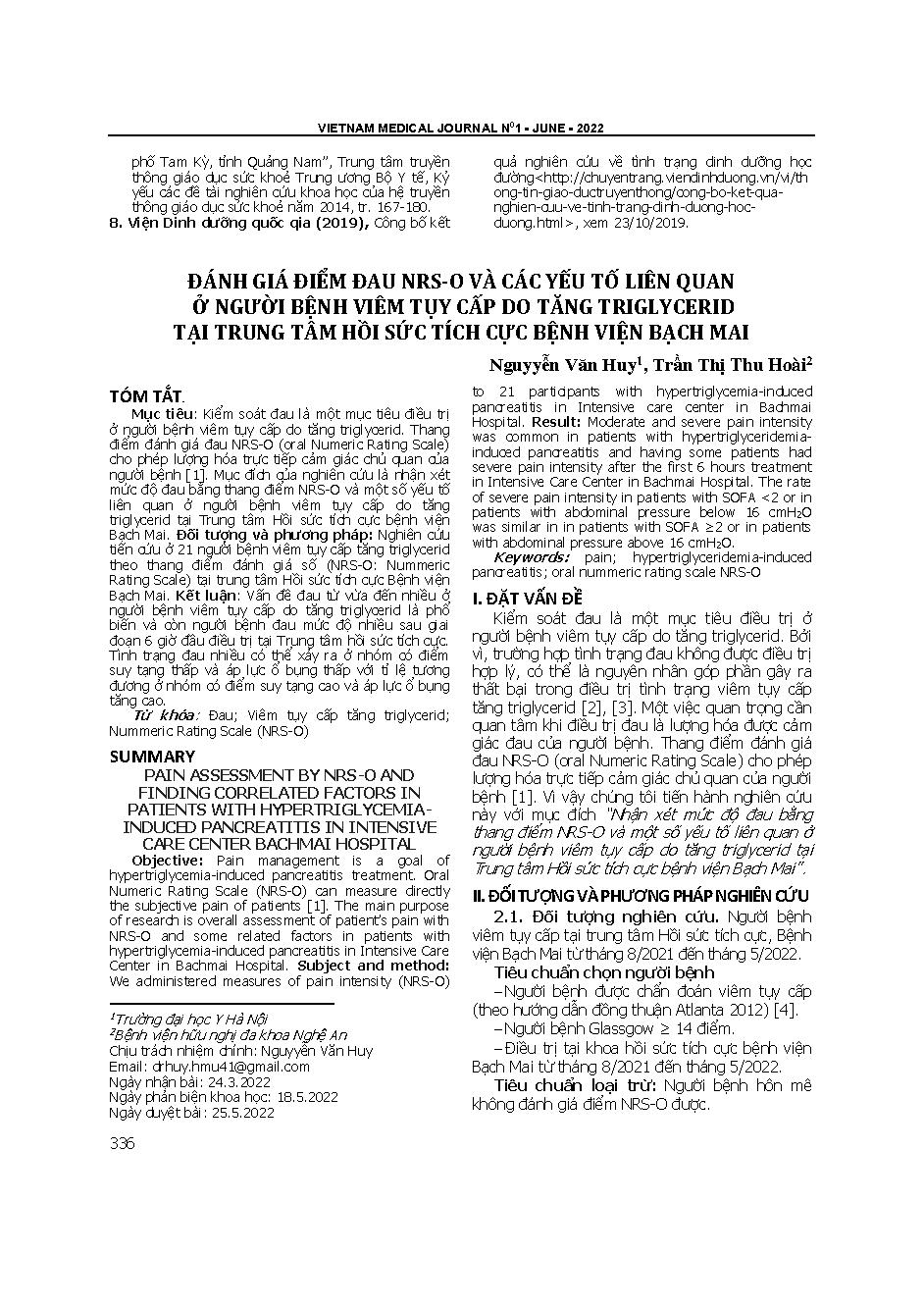 Đánh giá điểm đau NRS-O và các yếu tố liên quan ở người bệnh viêm tụy cấp do tăng triglycerid tại Trung tâm Hồi sức Tích cực Bệnh viện Bạch Mai

