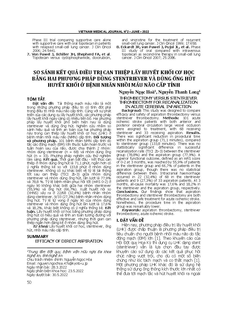 So sánh kết quả điều trị can thiệp lấy huyết khối cơ học bằng hai phương pháp dùng stentriever và dùng ống hút huyết khối ở bệnh nhân nhồi máu não cấp tính
