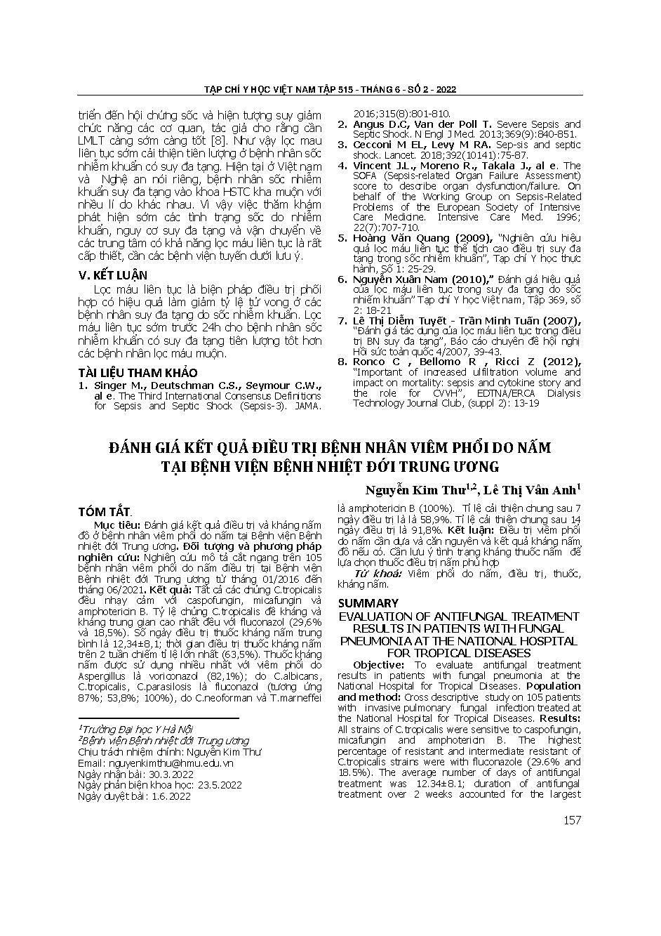 Đánh giá kết quả điều trị bệnh nhân viêm phổi do nấm tại Bệnh viện bệnh Nhiệt đới Trung ương

