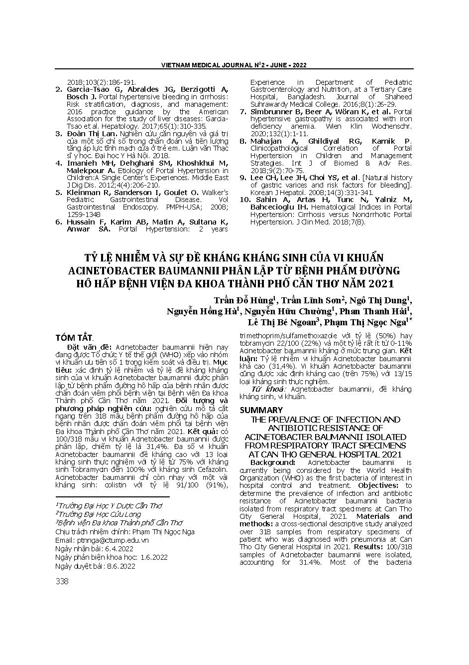 Tỷ lệ nhiễm và sự đề kháng kháng sinh của vi khuẩn Acinetobacter baumannii phân lập từ bệnh phẩm đường hô hấp Bệnh viện Đa khoa thành phố Cần Thơ năm 2021
