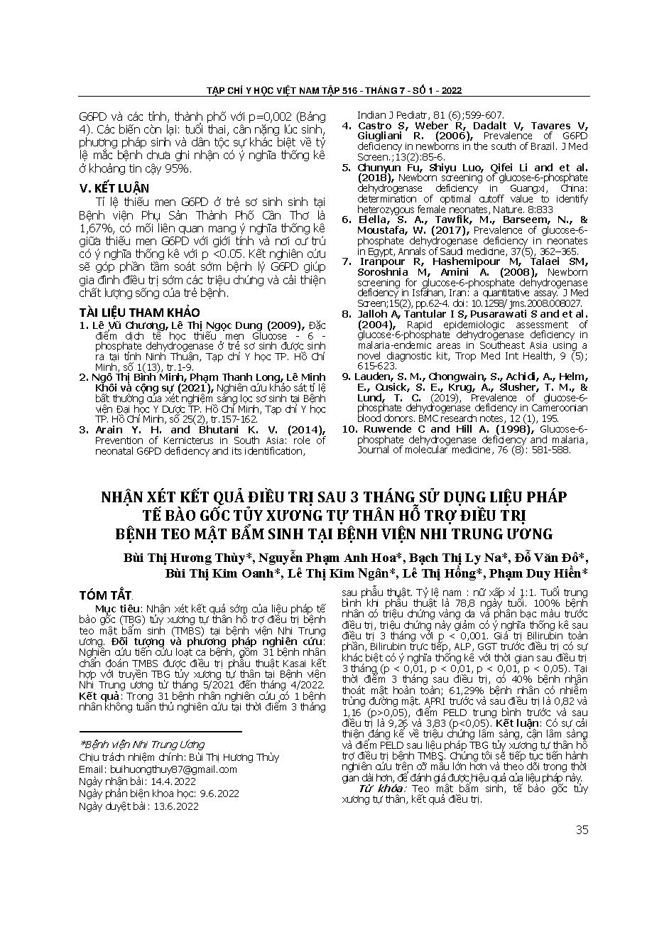 Nhận xét kết quả điều trị sau 3 tháng sử dụng liệu pháp tế bào gốc tủy xương tự thân hỗ trợ điều trị bệnh teo mật bẩm sinh tại Bệnh viện Nhi Trung ương

