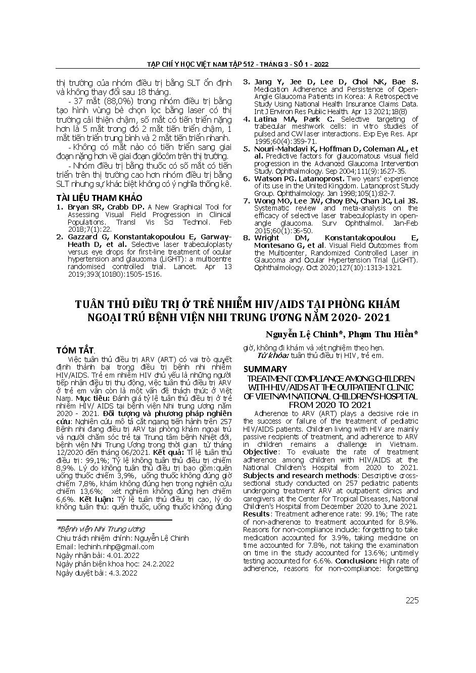 Tuân thủ điều trị ở trẻ nhiễm HIV/AIDS tại phòng khám ngoại trú Bệnh viện Nhi
Trung ương năm 2020- 2021
