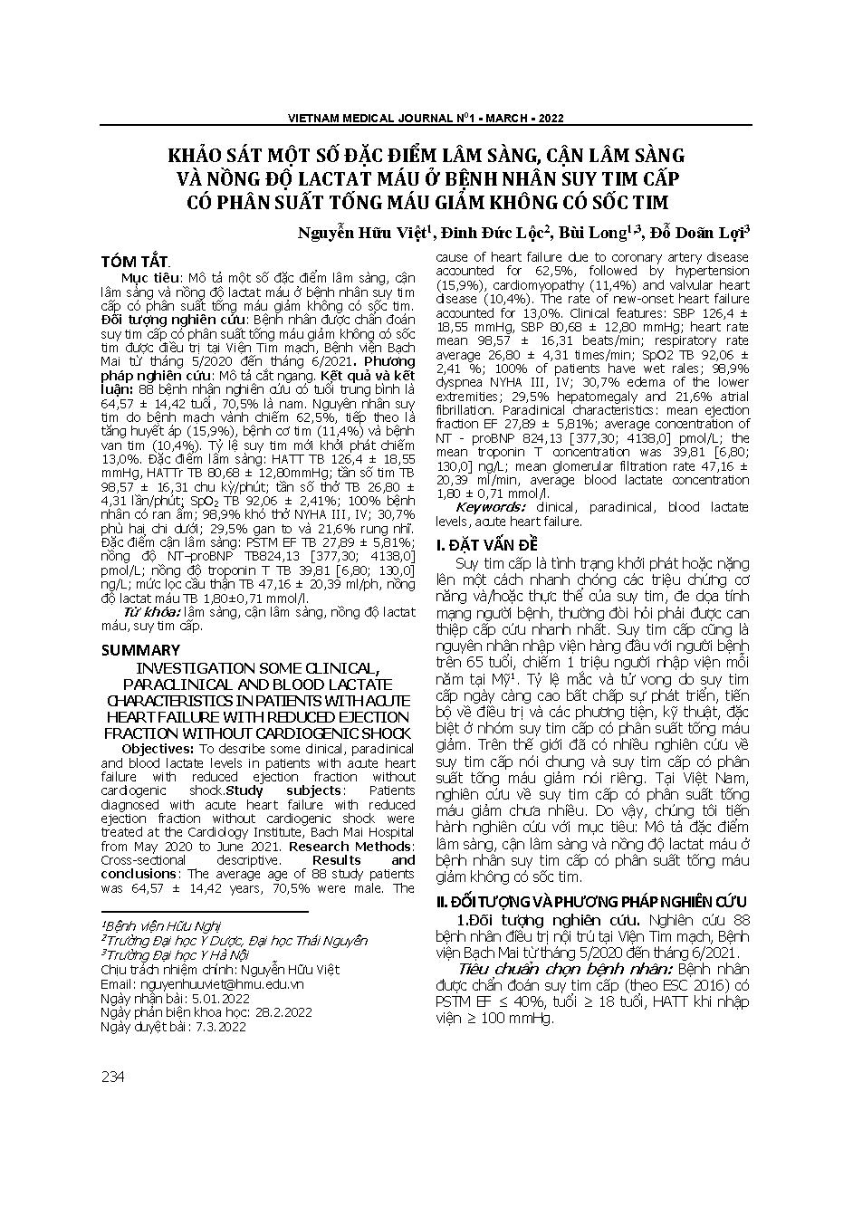 Khảo sát một số đặc điểm lâm sàng, cận lâm sàng và nồng độ lactat máu ở bệnh
nhân suy tim cấp có phân suất tống máu giảm không có sốc tim

