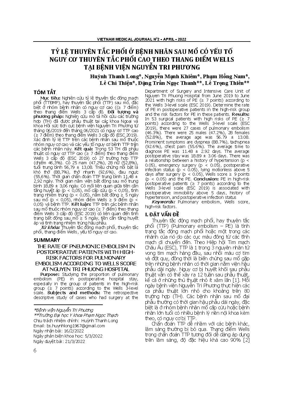 Tỷ lệ thuyên tắc phổi ở bệnh nhân sau mổ có yếu tố nguy cơ thuyên tắc phổi cao theo thang điểm wells tại Bệnh viện Nguyễn Tri Phương

