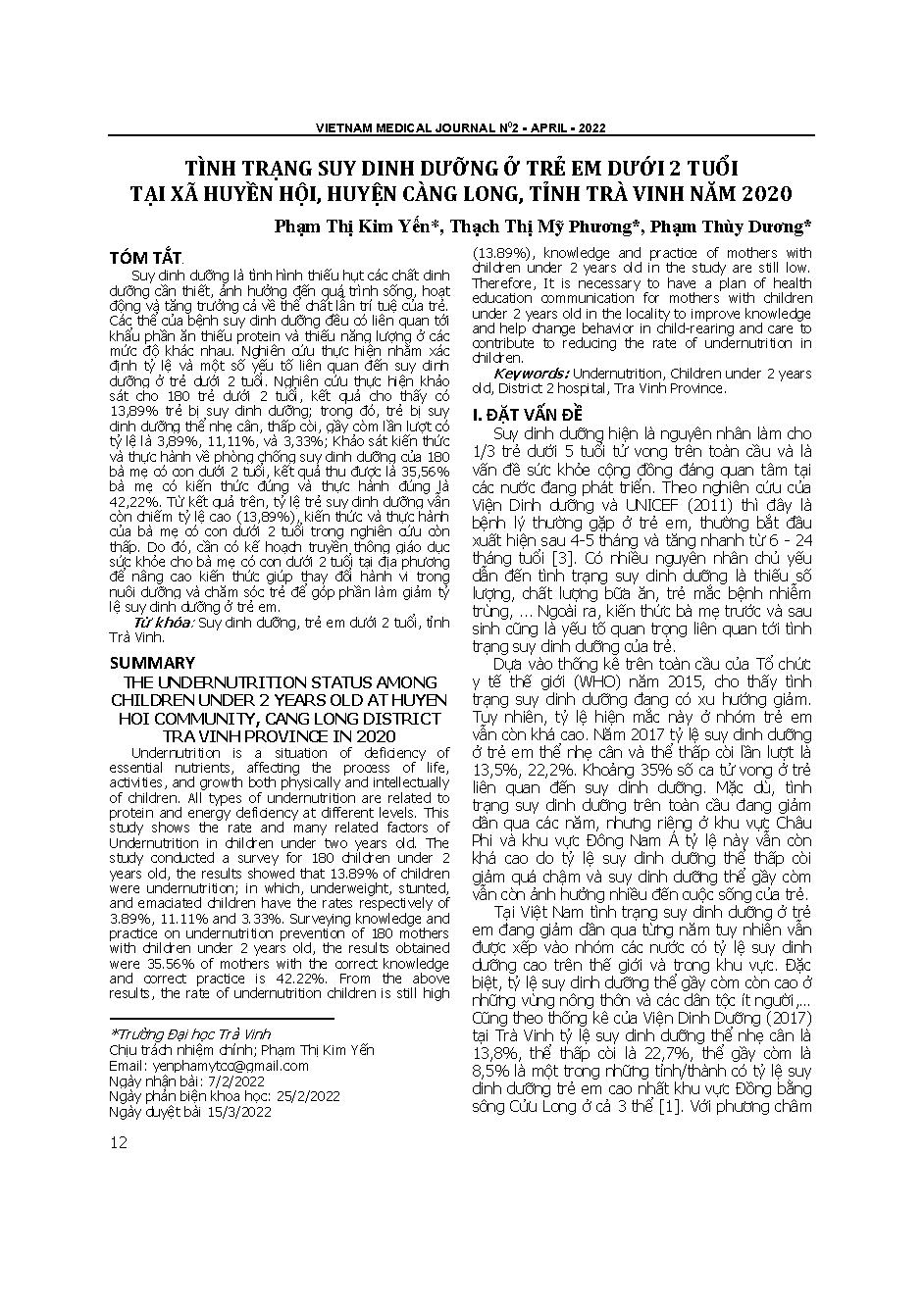 Tình trạng suy dinh dưỡng ở trẻ em dưới 2 tuổi tại xã Huyền Hội, huyện Càng Long, tỉnh Trà Vinh năm 2020

