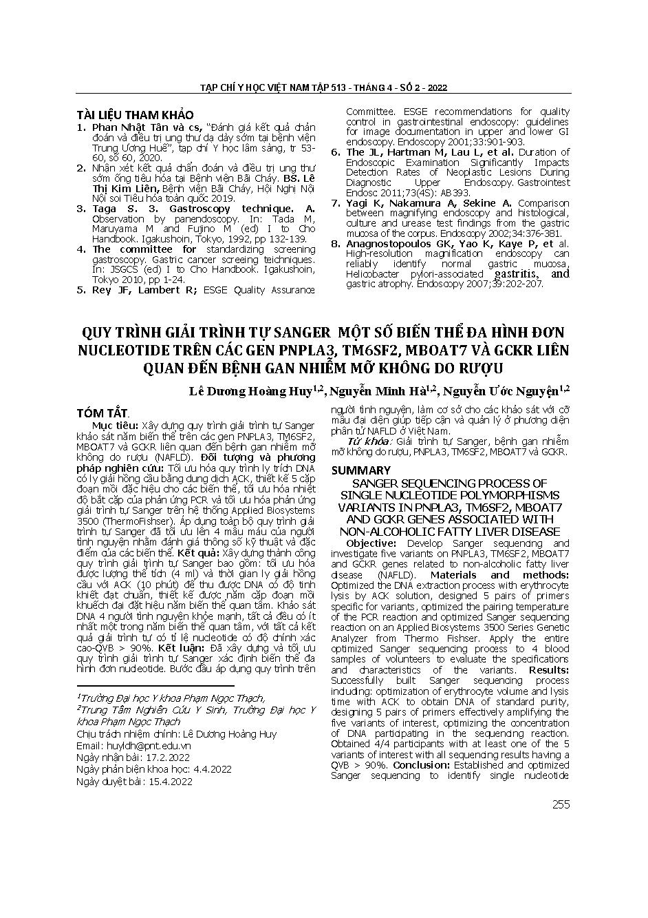 Quy trình giải trình tự Sanger một số biến thể đa hình đơn nucleotide trên các gen PNPLA3, TM6SF2, MBOAT7 và GCKR liên quan đến bệnh gan nhiễm mỡ không do rượu

