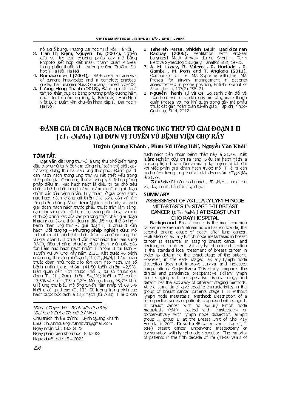 Đánh giá di căn hạch nách trong ung thư vú giai đoạn I-II (cT1-3N0M0) tại đơn vị tuyến vú Bệnh viện Chợ Rẫy
