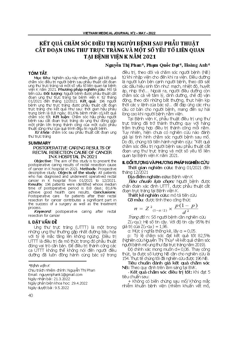 Kết quả chăm sóc điều trị người bệnh sau phẫu thuật cắt đoạn ung thư trực tràng và một số yếu tố liên quan tại Bệnh viện K năm 2021
