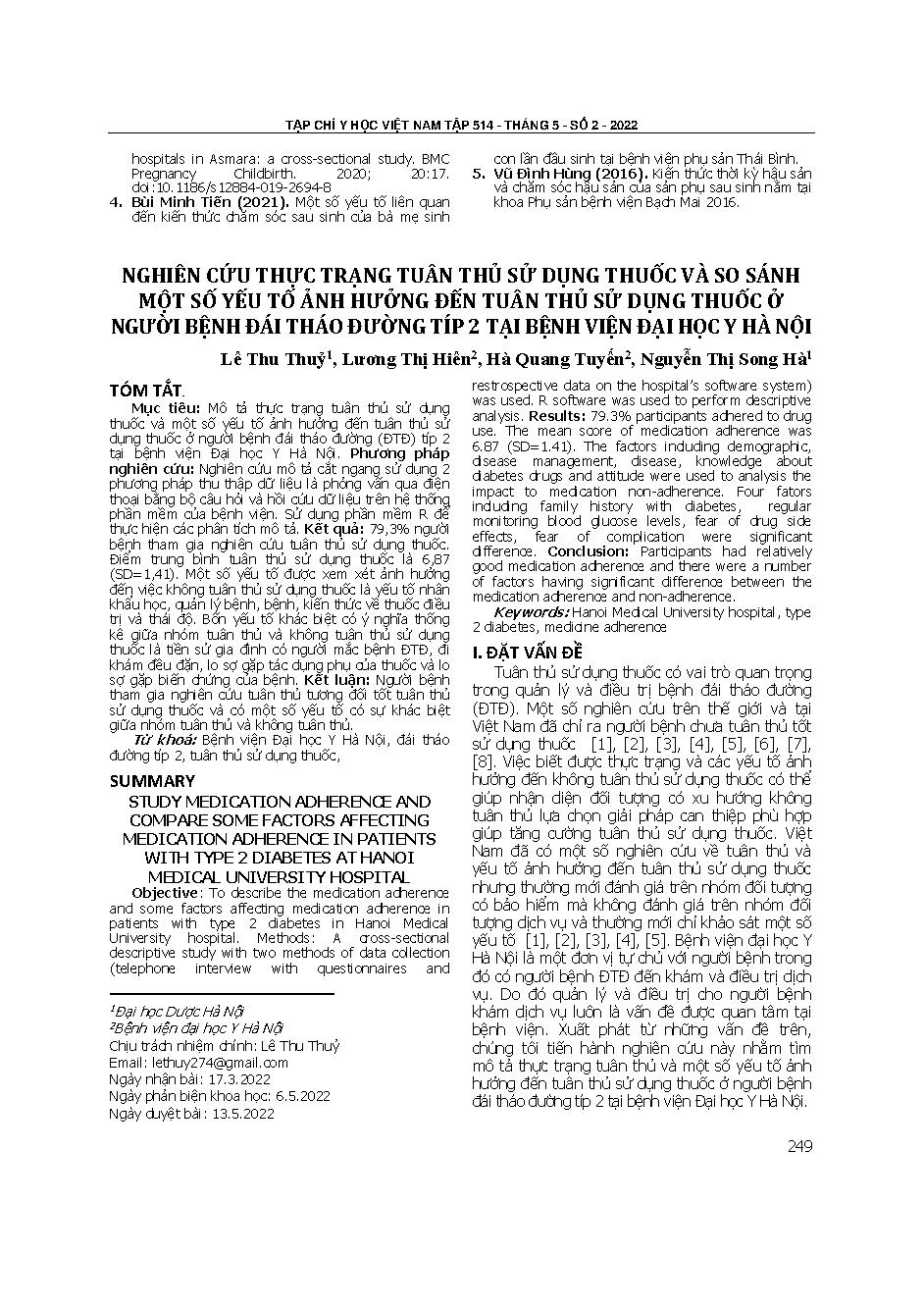 Nghiên cứu thực trạng tuân thủ sử dụng thuốc và so sánh một số yếu tố ảnh hưởng đến tuân thủ sử dụng thuốc ở người bệnh đái tháo đường típ 2 tại Bệnh viện Đại học Y Hà Nội
