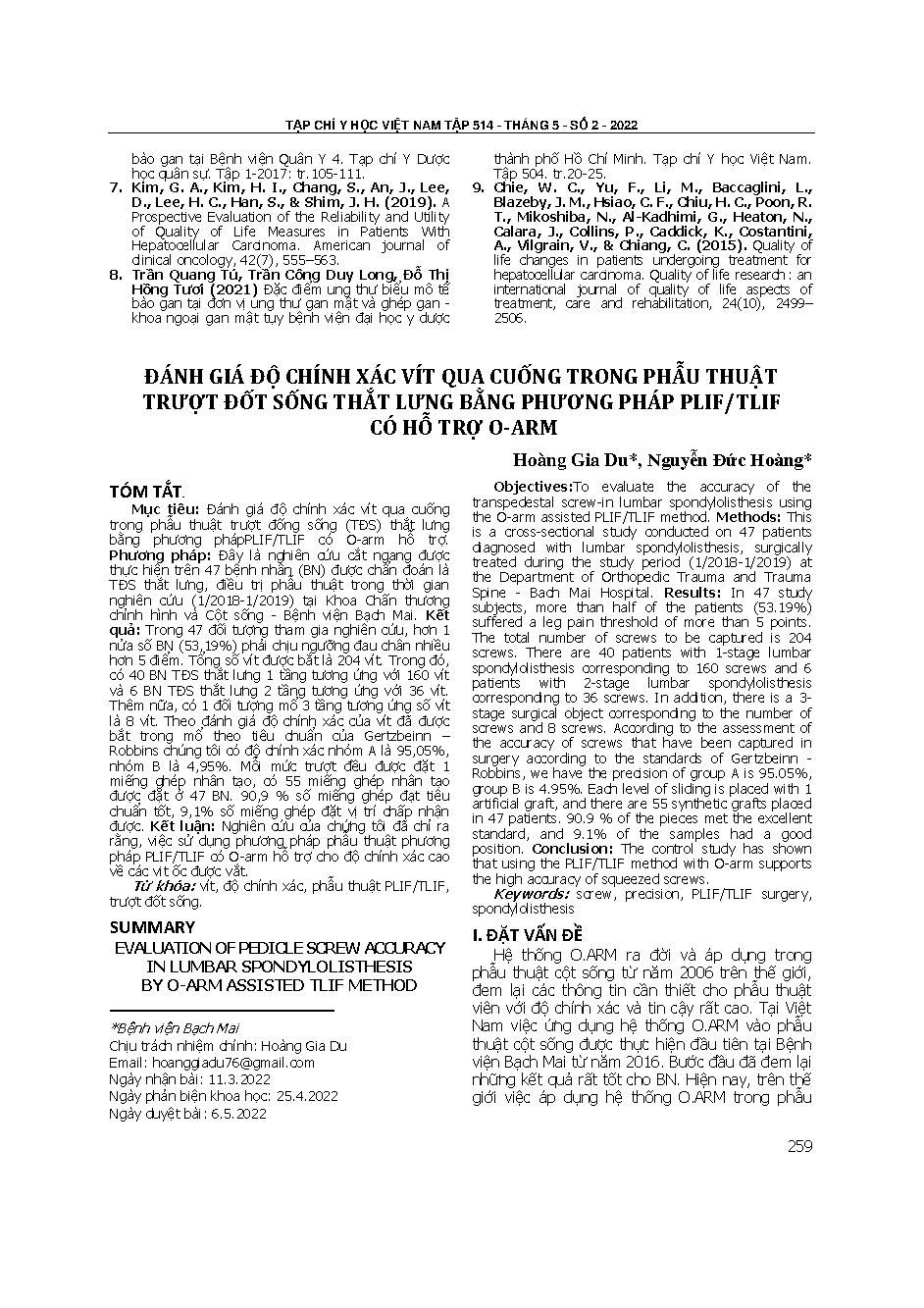 Đánh giá độ chính xác vít qua cuống trong phẫu thuật trượt đốt sống thắt lưng bằng phương pháp PLIF/TLIF có hỗ trợ O-arm
