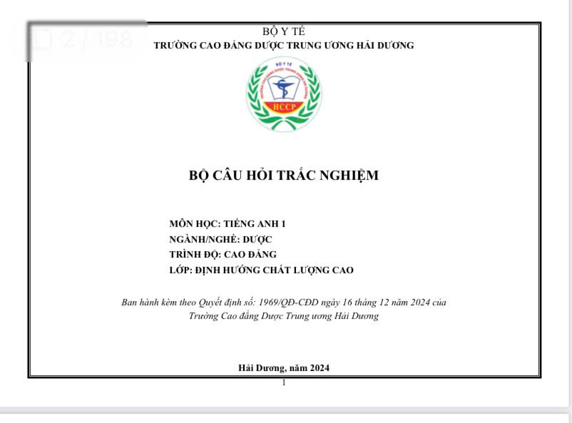 BCH Trắc nghiệm Tiếng Anh 1 lớp 17ACLC