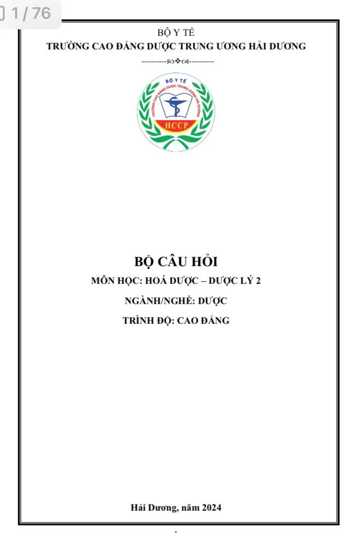 Bộ câu hỏi Hóa dược - Dược lý 2